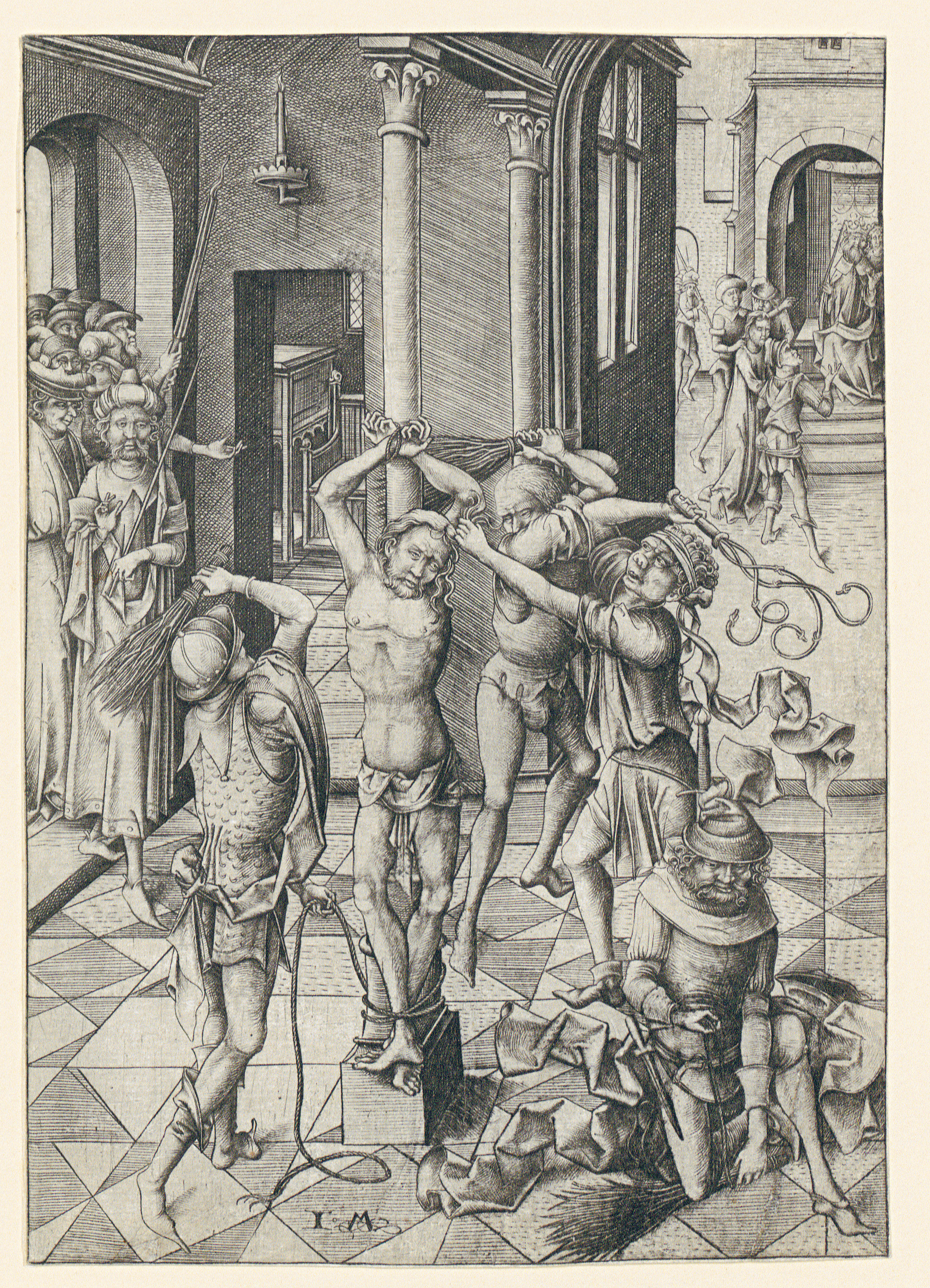 Israhel van Meckenem: Bičovanie Krista z cyklu Veľké pašie (4/12). Okolo 1476 – 1480. 