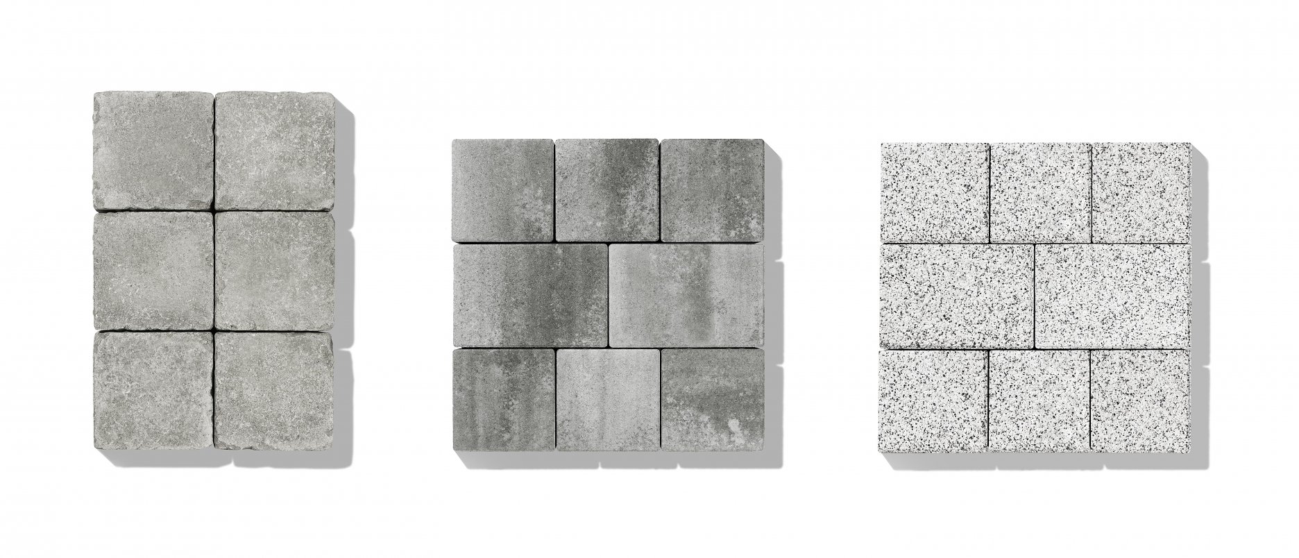 Povrchové úpravy dlažieb PREMAC - Zľava: GRANUM - sivá, INTAK - sivo-grafitová, INTAK aquaflair - biely mramor