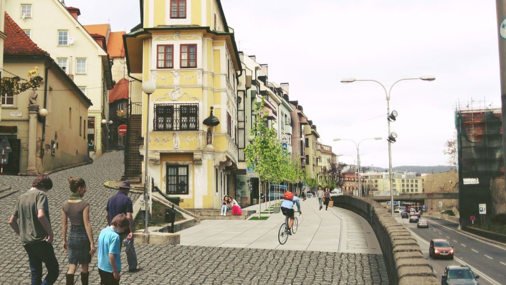 Zelené plató medzi hradbami a Židovskou ulicou, ako ho navrhuje ateliér Vallo Sadovský. Aj to je len jeden z nápadov architektov, ktoré mesto pri riešení problematickej Židovskej ulice ignoruje. Vizualizácia – VSA