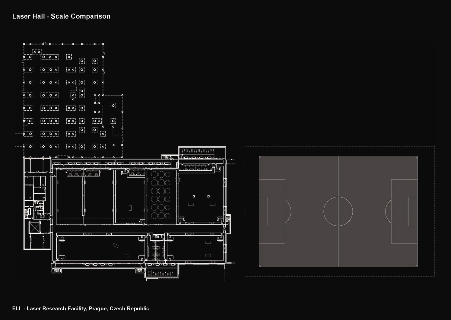 Porovnanie veľkosti laserovej haly s futbalovým ihriskom