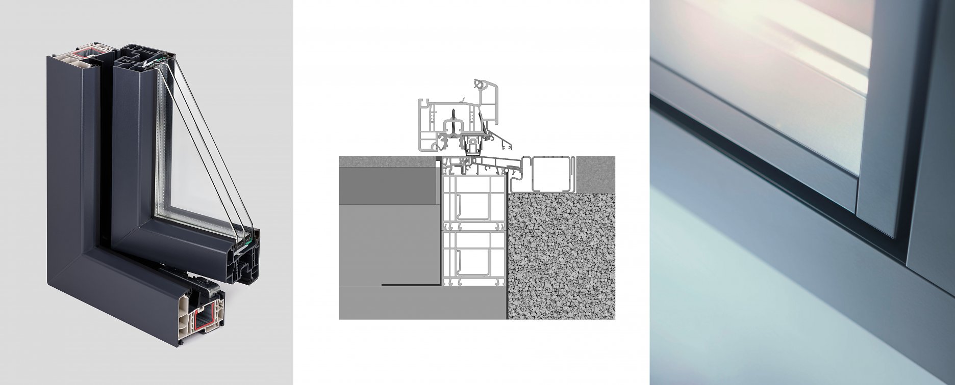 Zľava: Okenný profil GENEO z materiálu RAU-FIPRO X, Rezanie s nulovým prahom pre veľkoformátové dvere GENEO, Hliníkové obloženie je predovšetkým dizajnovou záležitosťou vhodnou pre modernú  architektúru      
