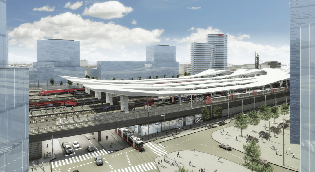 Vizualizácia nedávno dokončenej renovácie Wien Hauptbahnhof – viedenskej hlavnej vlakovej stanice