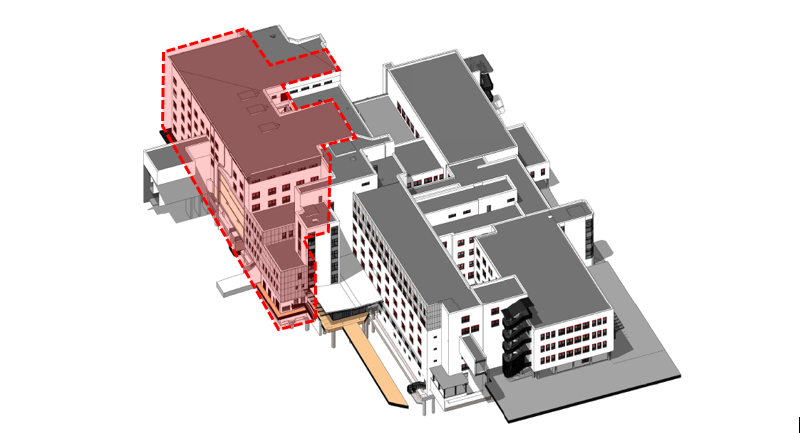 Model budovy nemocnice s vyznačenou časťou stavby pavilónu CH s nosníkmi DELTABEAM® 