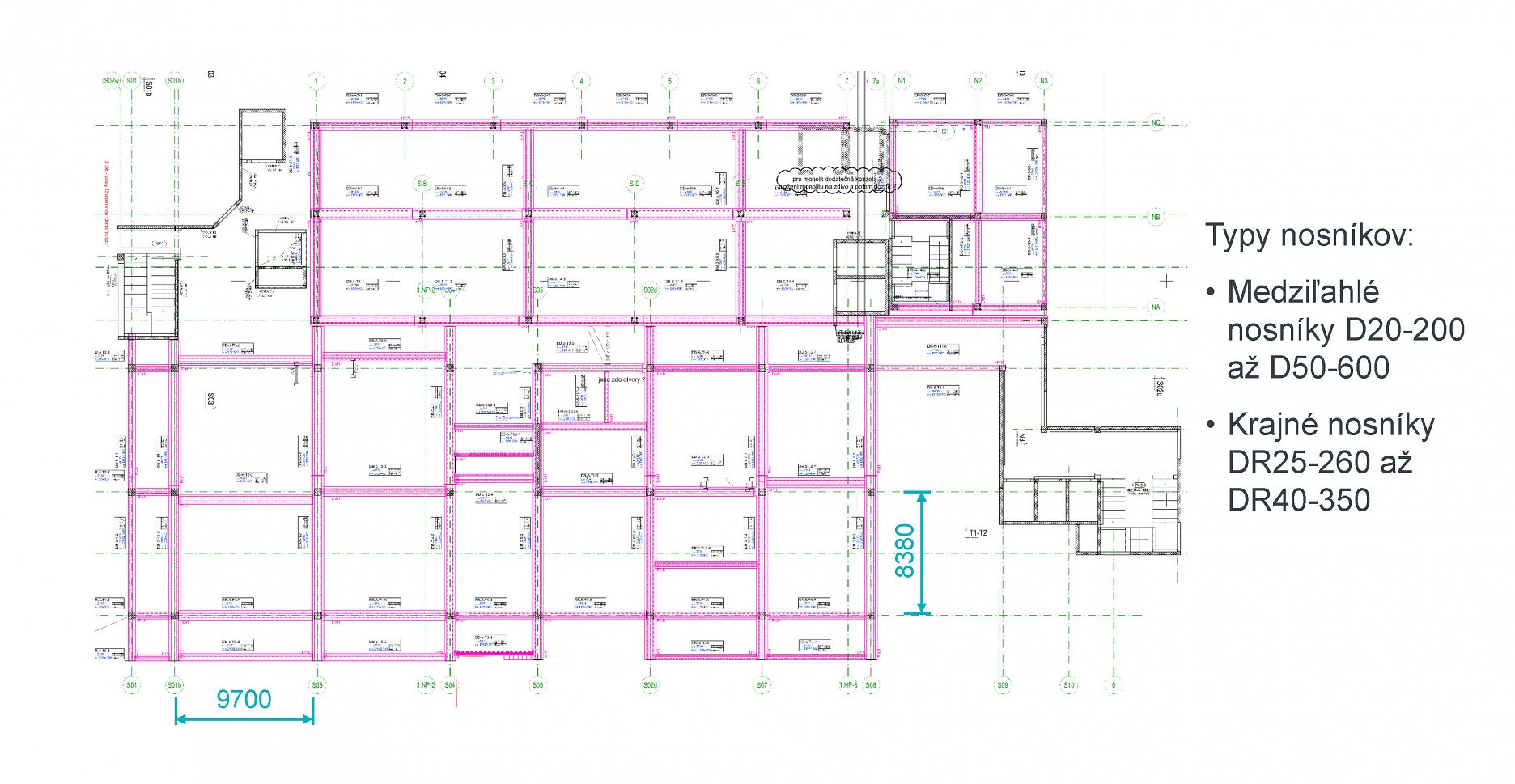 Schéma rozloženia DELTABEAM® nosníkov v stropnej konštrukcii nad 5. NP