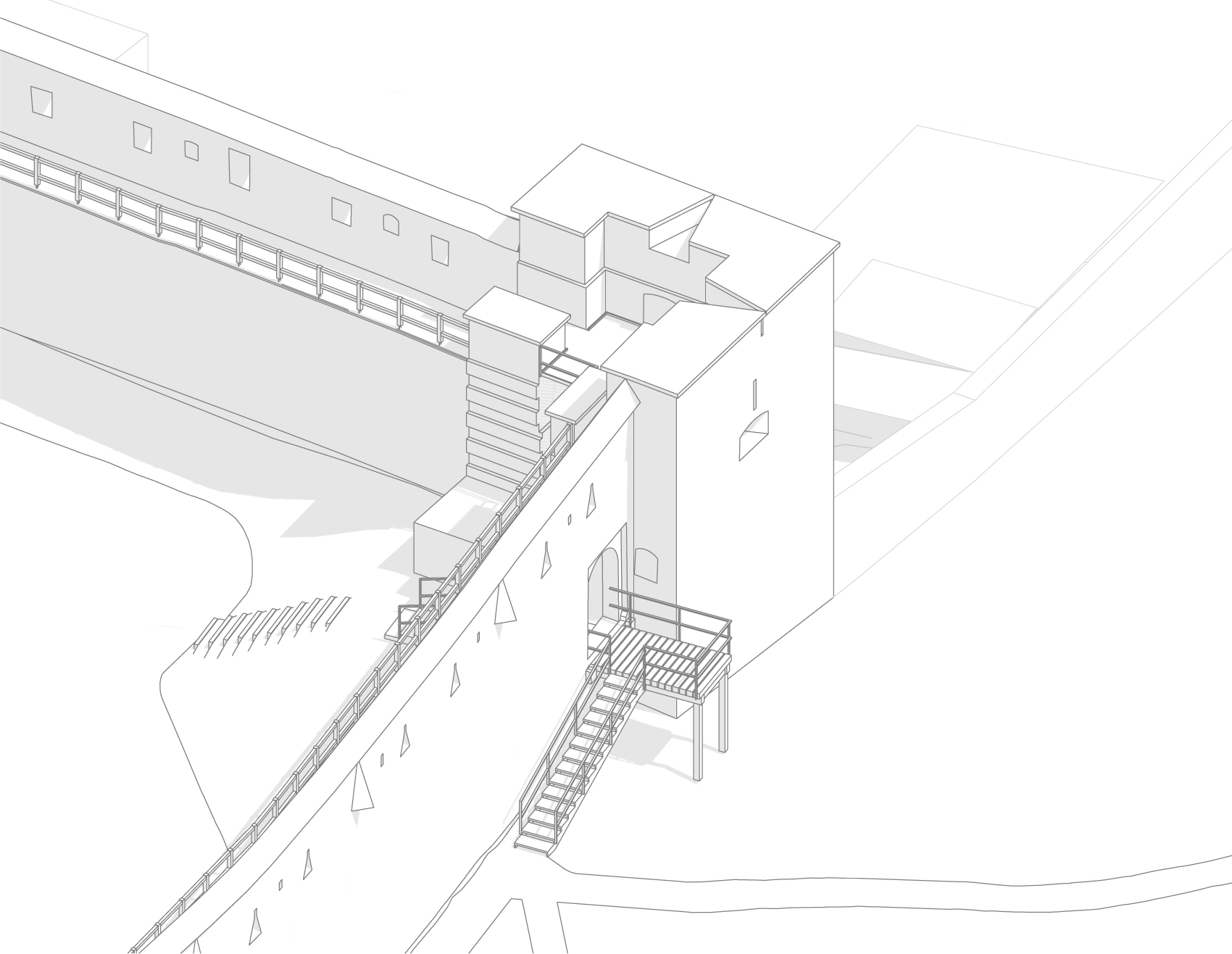 Veža V12 – návrh prepojenia cez jestvujúcu nevyužitú výpadovú bránku medzi vnútorným mestom a mestským parkom v bývalej priekope – návrh variantov náznaku padacieho mosta výpadovej bránky ako podopretá konštrukcia  - axonometria
