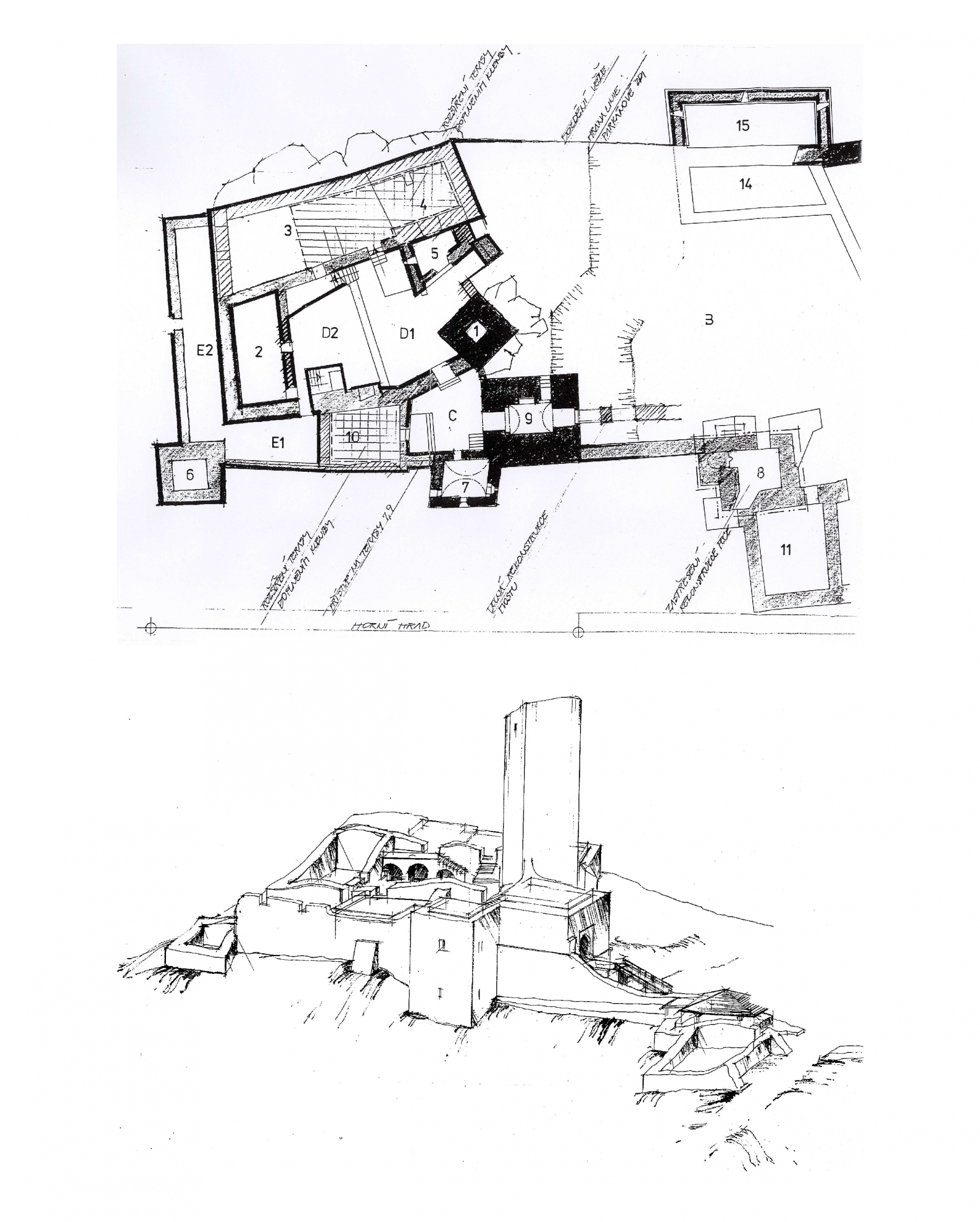 Vizualizácia a pôdorys navrhovaných úprav objekou vrátane dostavby veže  – štúdia z roku 1993 - MURUS 