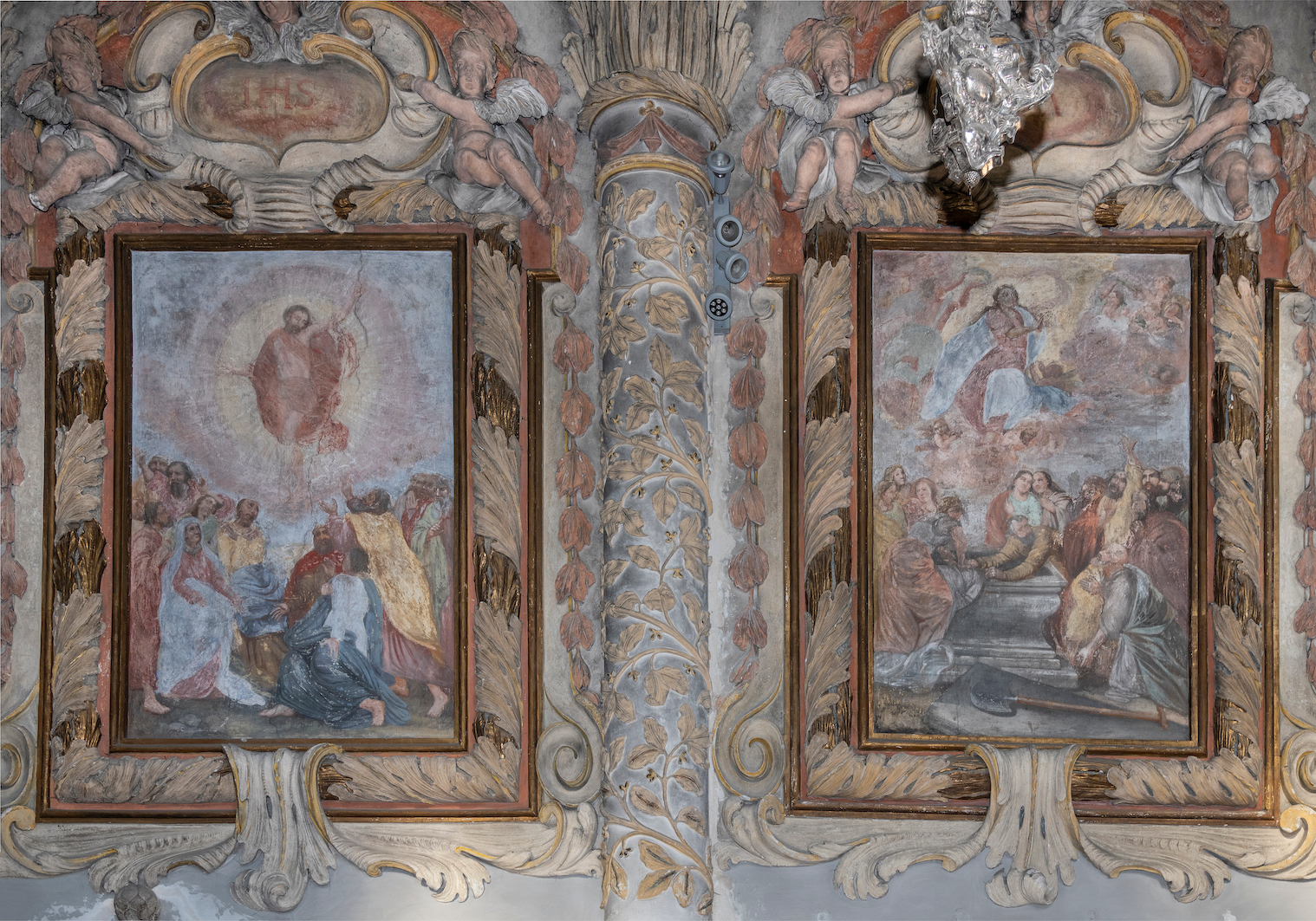 Barokové nástenné maľby v štukových rámoch v Kostole Narodenia Panny Márie v Novom Meste nad Váhom