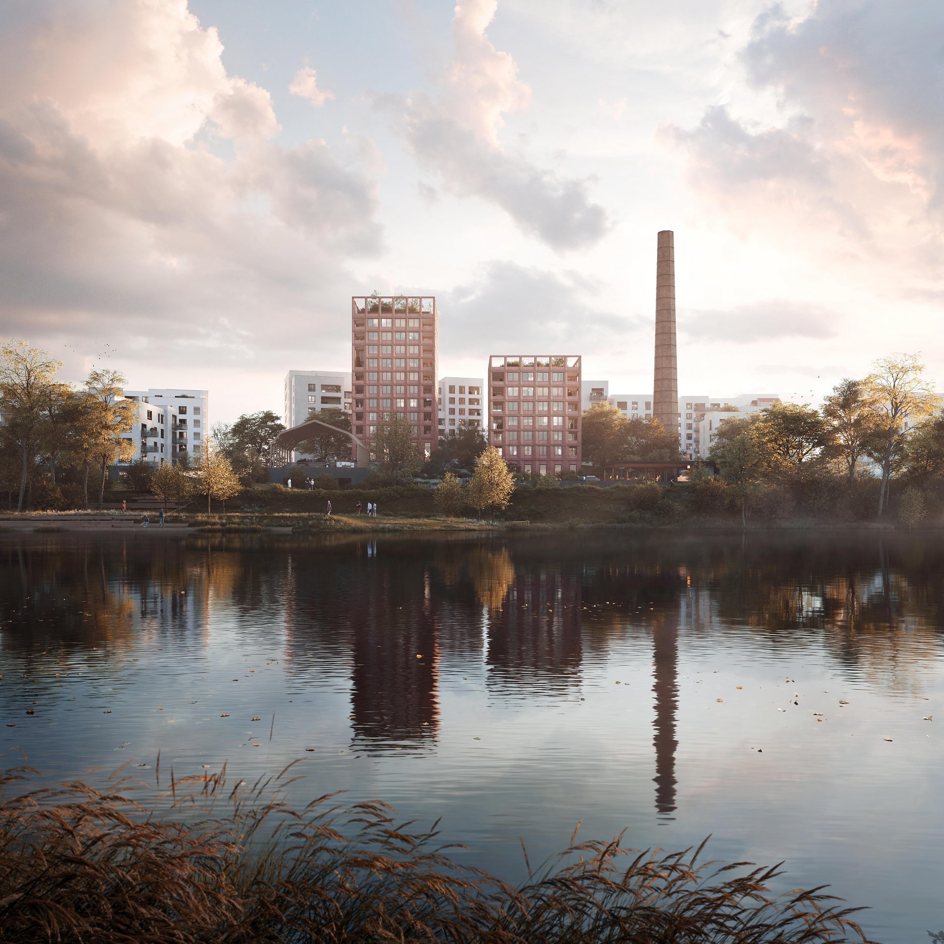 Budúci pohľad z Vltavy na Modřanský cukrovar, vpravo zachovaný pôvodný komín.