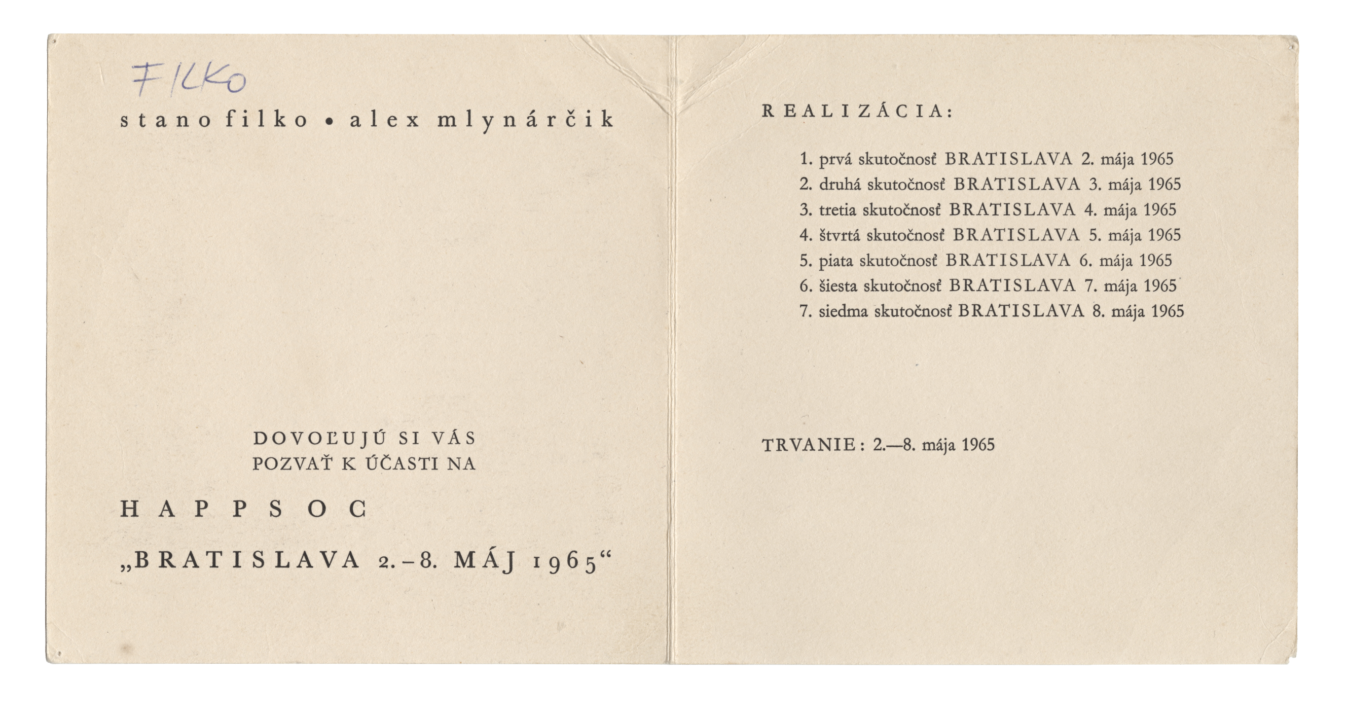 Stano Filko & Alex Mlynárčik: HAPPSOC I. pozvánka, 1965. 2 ks, 15 × 30; 14 × 13,7 cm, ofsetová tlač, papier. Zbierka Linea