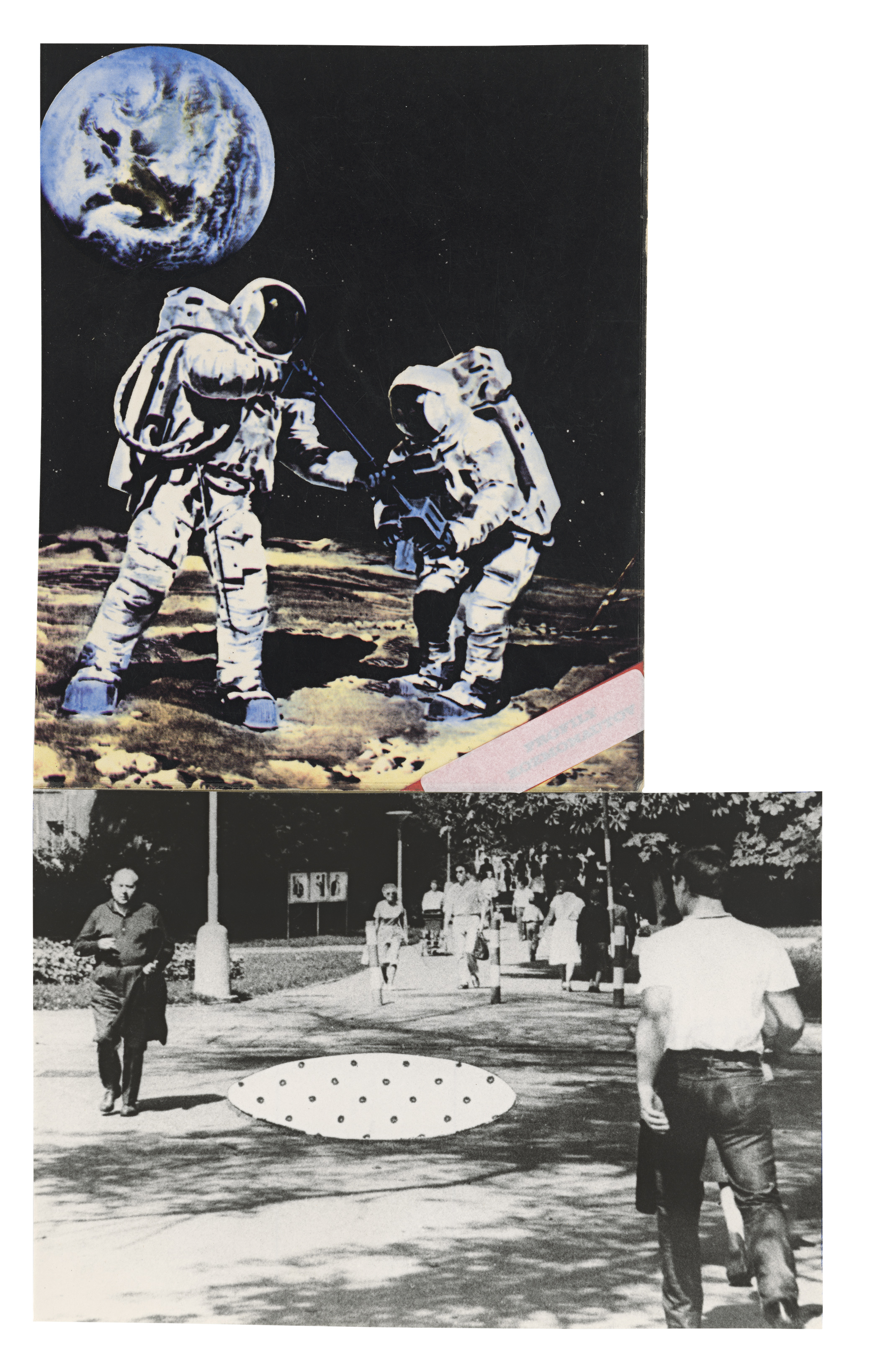 Stano Filko: Let kozmonautov na Mesiac a späť. 1970 – 1995. 26 × 16 cm , koláž, montáž. Archív SF, SNG, Bratislava