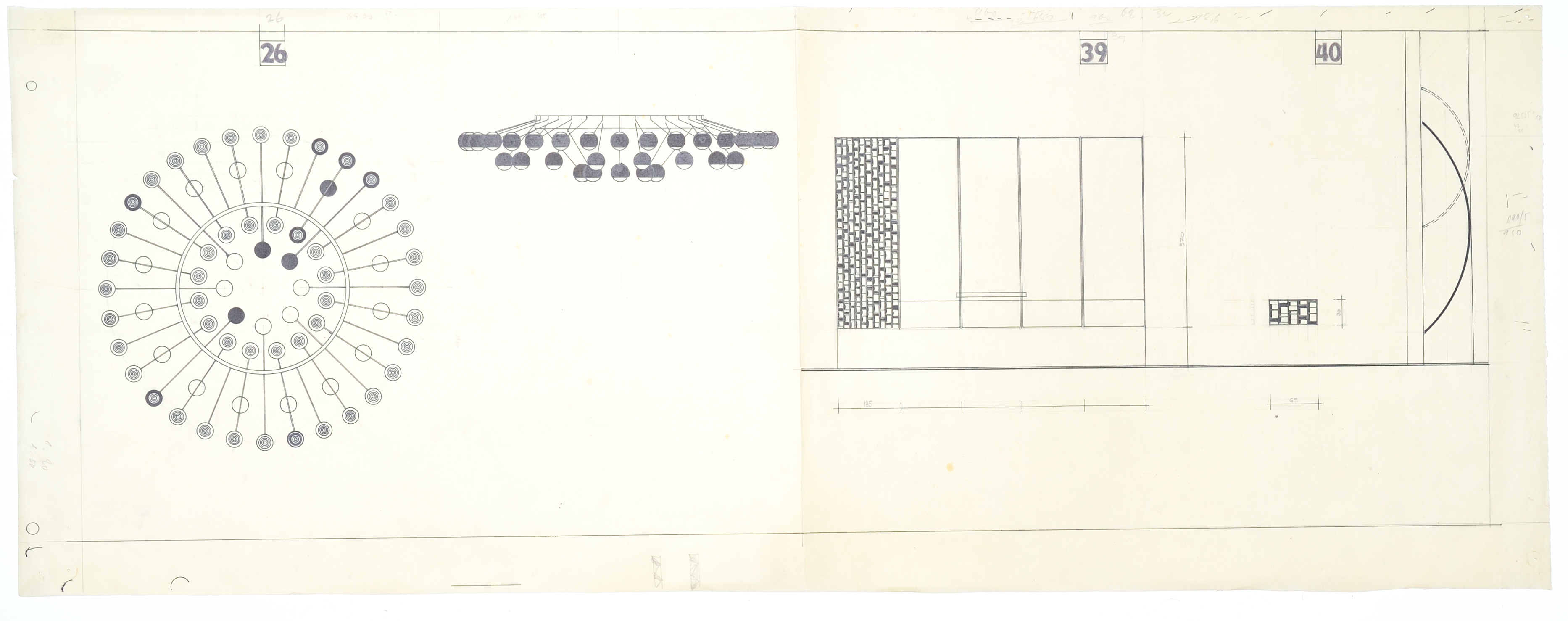 Detail stropného osvetlenia zasadacej siene SNR v Bratislave, technický výkres, 1964. Foto: majetok Slovenské múzeum dizajnu - SCD.