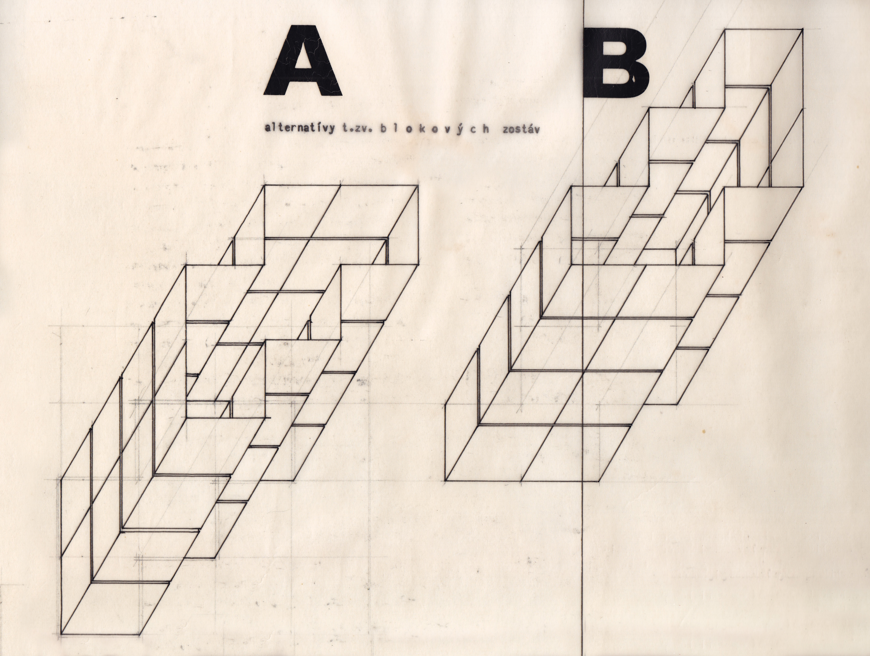 Detail blokových zostáv. Systém putovných tematických výstav pre potreby Zväzu architektov Slovenska, technický výkres, prvá tretina 60. rokov 20. storočia. Foto: majetok Slovenské múzeum dizajnu - SCD.