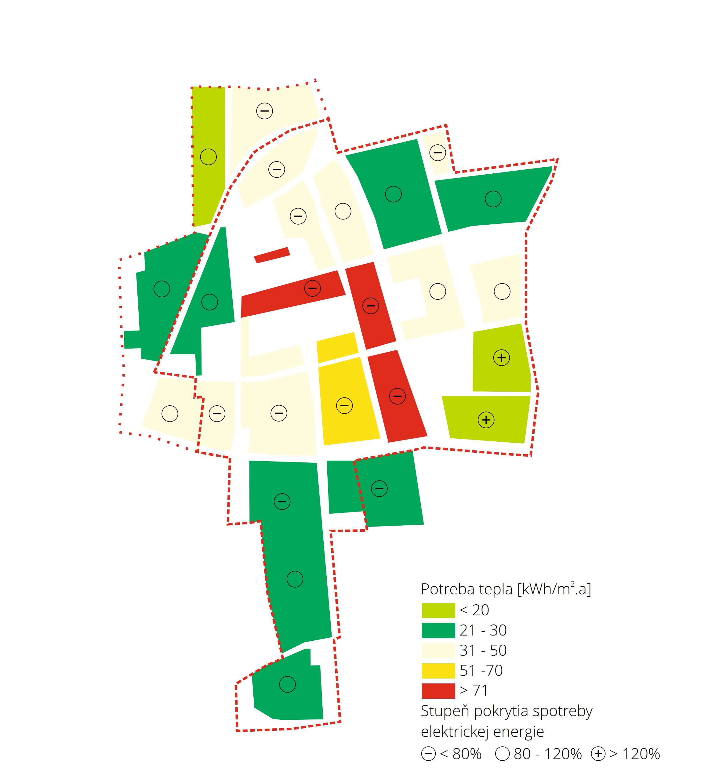 Energetický koncept mestskej štvrte Graz Reininghaus - Hustota potreby tepla (Wärmebedarfsdichte) na vykurovanie a potenciálny stupeň pokrytia vlastných potrieb prostredníctvom PV na úrovni mestskej štvrte.