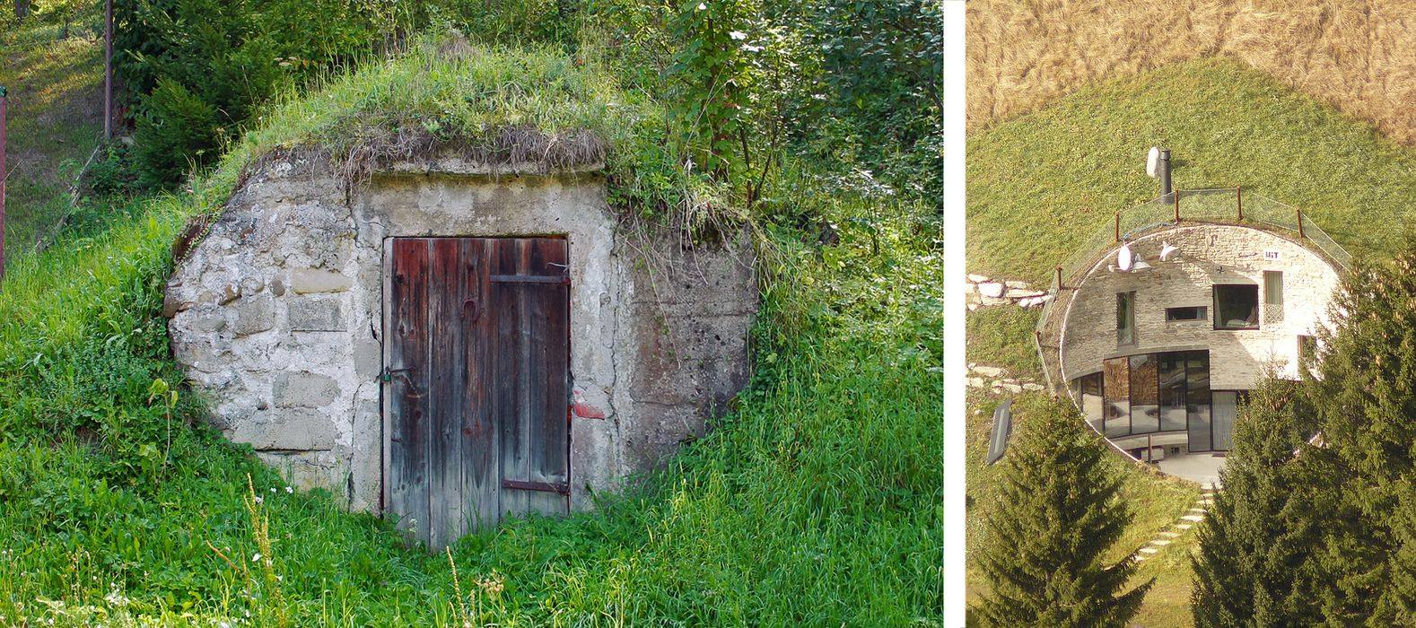 Pôvodné / moderné 
(Čadca – U Siheľníka / Vals, Švajčiarsko )
Tradičné formy vidieckej architektúry môžu byť zdrojom inšpirácie i pre extravagantné moderné riešenia. Obyčajná pivnica na zemiaky by eventuálne mohla byť predlohou návrhu národnej knižnice v Prahe, architekta Jana Kapilického, alebo víkendového domu vo Švajčiarsku.