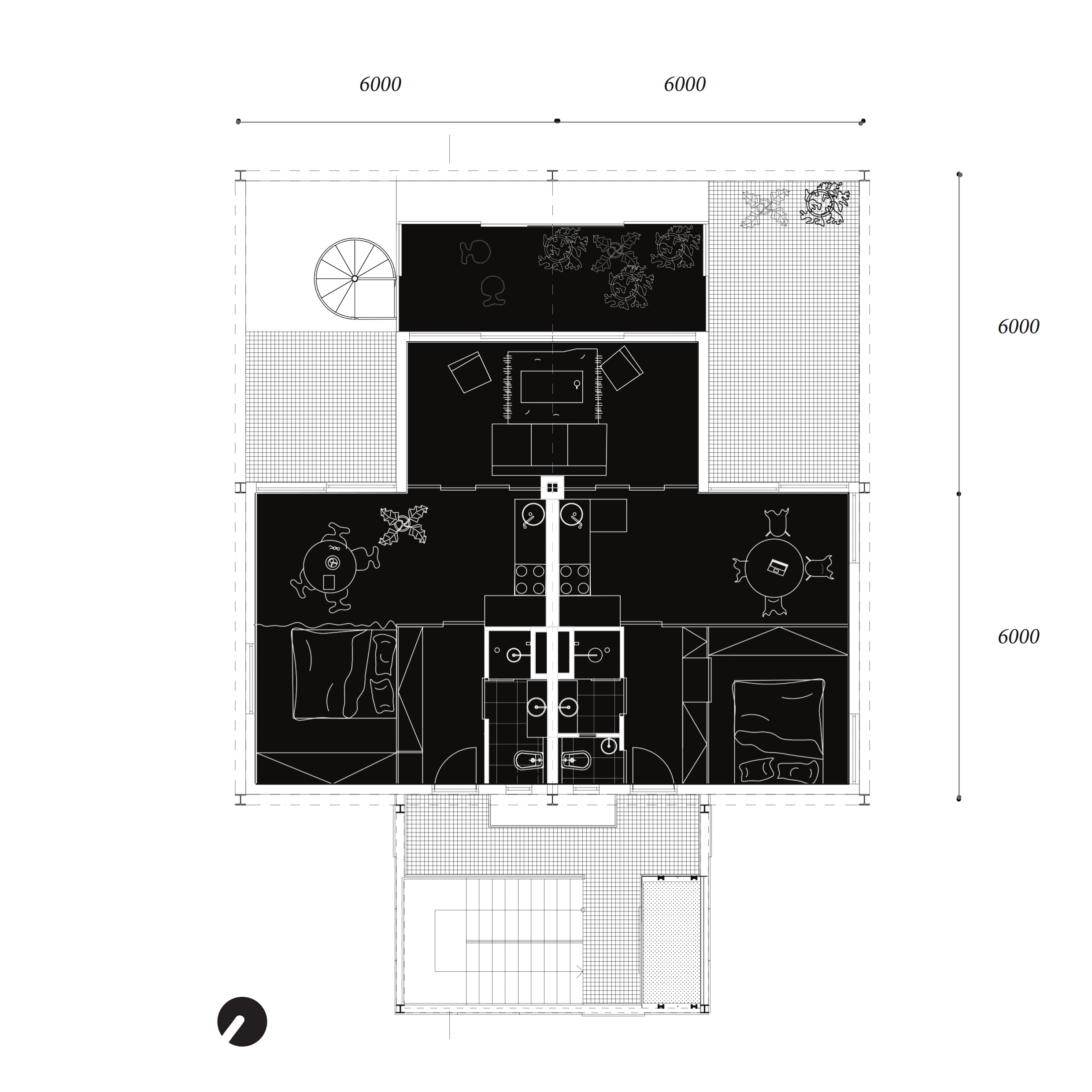 Pôdorys 2. NP - dva dvojizbové byty so spoločnou obývacou izbou
