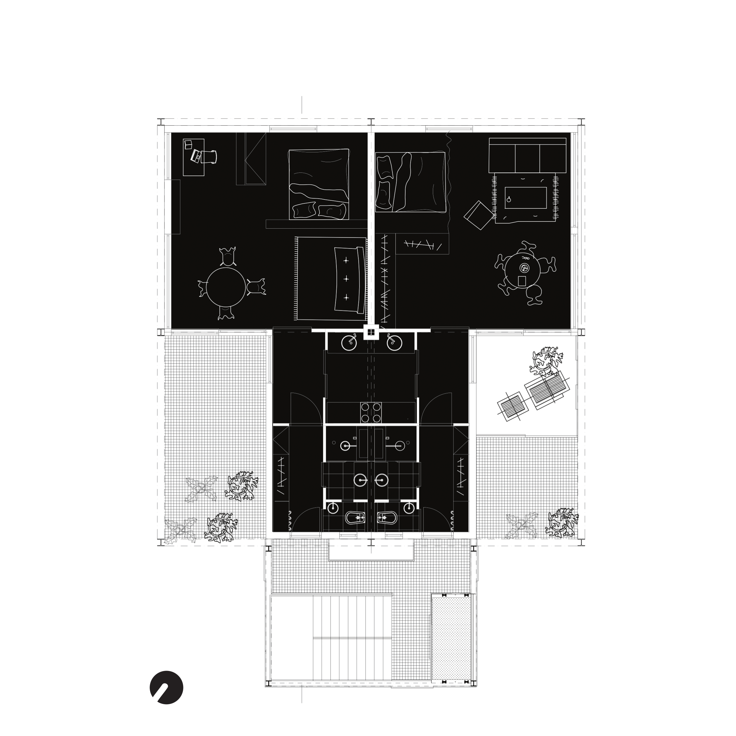Pôdorys 3. NP - dva dvojizbové byty so spoločnou kuchyňou