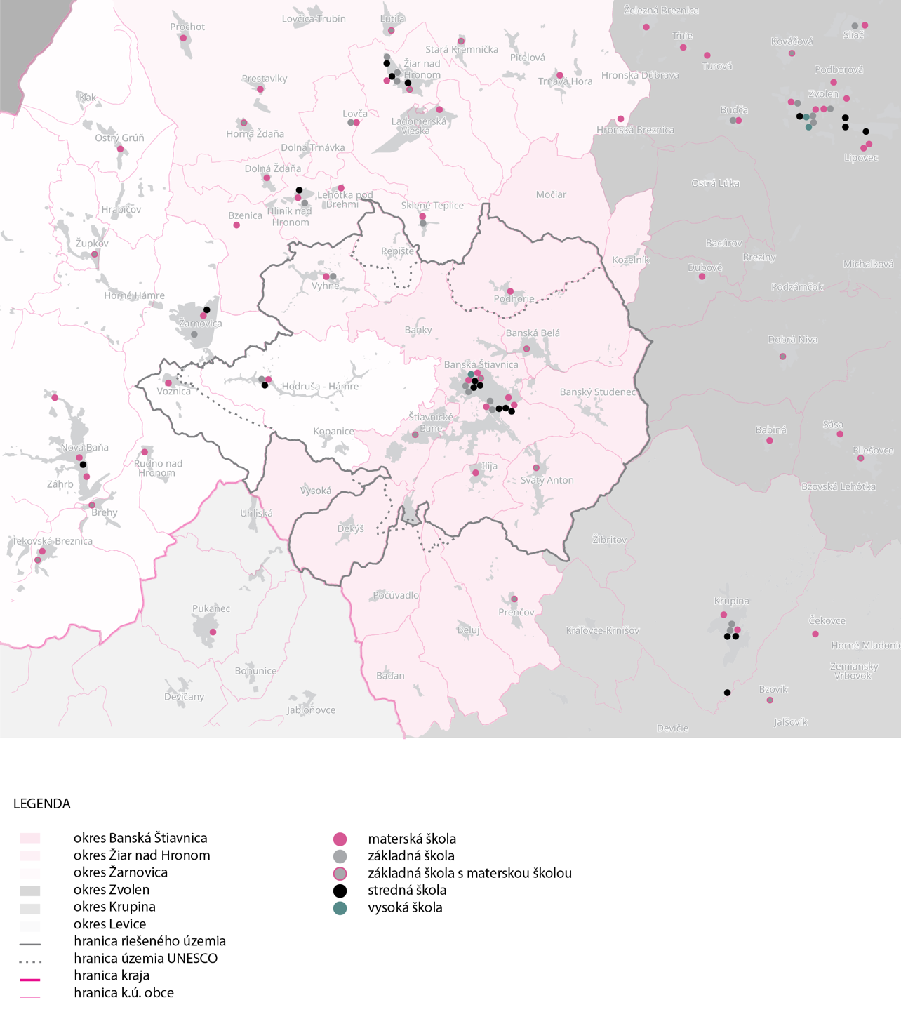 Vyznačenie školských zariadení v riešenom území a najbližšom okolí 