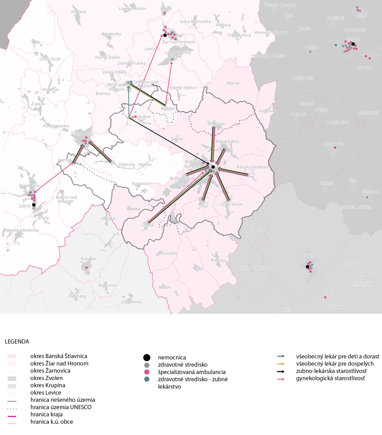 Vyznačenie zdravotníckych zariadení s prislúchajúcimi obvodmi v riešenom území a najbližšom okolí