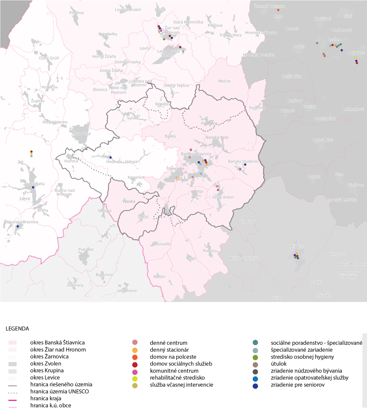 Vyznačenie sociálnych zariadení v riešenom území a najbližšom okolí 