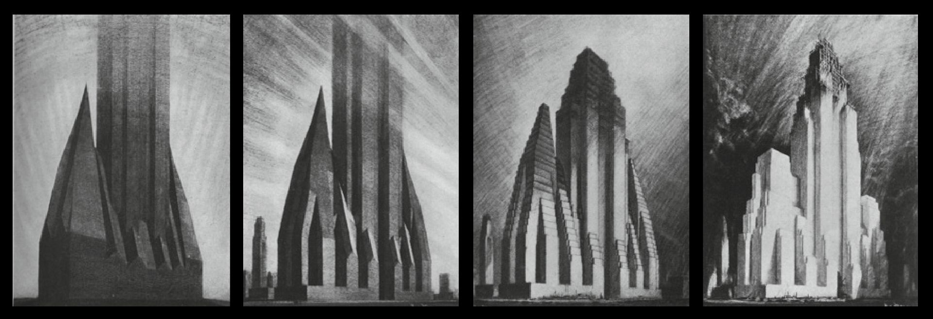 „Evolution of the Set-back Building“ podľa Hugha Ferrissa (zľava doprava) 1: Obálka, ako je definovaná zákonom z roku 1916. Zvolený mestský blok o rozmere 200 x 800 feet (60,96 x 243,84 m). Počet a umiestnenie (ale nie objem) vikierov, takisto tvar a pozícia (ale nie pôdorysná plocha) veže, sú volené dizajnérom/architektom. V prípade tohto obrázku je jednoducho znázornená maximálna objemová hmota objektu vyplývajúca z právnych špecifikácií Zónového zákona. 2: Akceptovanie hmoty a jej transformovanie – architekt modifikuje vzhľad masy hlavne tak, aby prepúšťala denné svetlo. 3: Modifikovaná obálka na priamočiare/ortogonálne formy; vzhľad po nahradení šikmých rovín ortogonálnymi, ktoré budú poskytovať tradičnejšie vnútorné priestory, setbacks – odskoky sa vyskytujú na každom druhom poschodí; pokus o obmedzenie možnej „nekonečnej“ výšky veže. 4: Hmota upravená podľa možností oceľovej konštrukcie; vzhľad potom, čo boli v súlade s možnosťami oceľovej konštrukcie upravené setbacks – odskoky a orezané vrcholy na najvyšších podlažiach, ktoré už obsahujú účelný priestor. Hmota je teraz pripravená pre architektonickú artikuláciu.