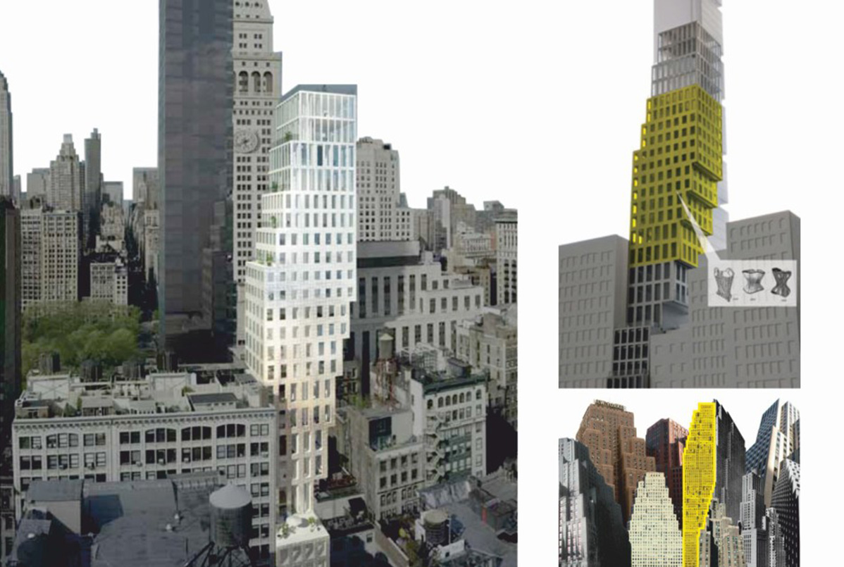 Architektonická štúdia od ateliéru OMA (OMA_Office for Metropolitan Architecture) Rema Koolhaasa na 23 East 22nd Street ako reminiscencia na Zónový zákon z roku 1916 a jeho dôsledky – „Set-back Buildings“. Vyrastá z 33 stôp (10,06 m) širokého pozemku a postupne sa vyosuje do konzoly, ktorá v najvzdialenejšom bode presahuje 30 stôp (9,14 m) nad okolitú zástavbu. Objekt s 24 podlažiami dosahuje výšku 355 stôp (108,20 m) a jasne dominuje Flatiron Districtu s prevažujúcou 10 až 12 poschodovou obytnou zástavbou. „Je to typická budova New Yorku, len postavená na hlavu“, tvrdí Jason Long, architekt newyorskej pobočky ateliéru OMA. Zámerom uskakovania objektu je zabezpečenie prísunu slnečného žiarenia na terasu susedného objektu a nebráni chodcom vo výhľade na blízku budovu One Madison Park. 