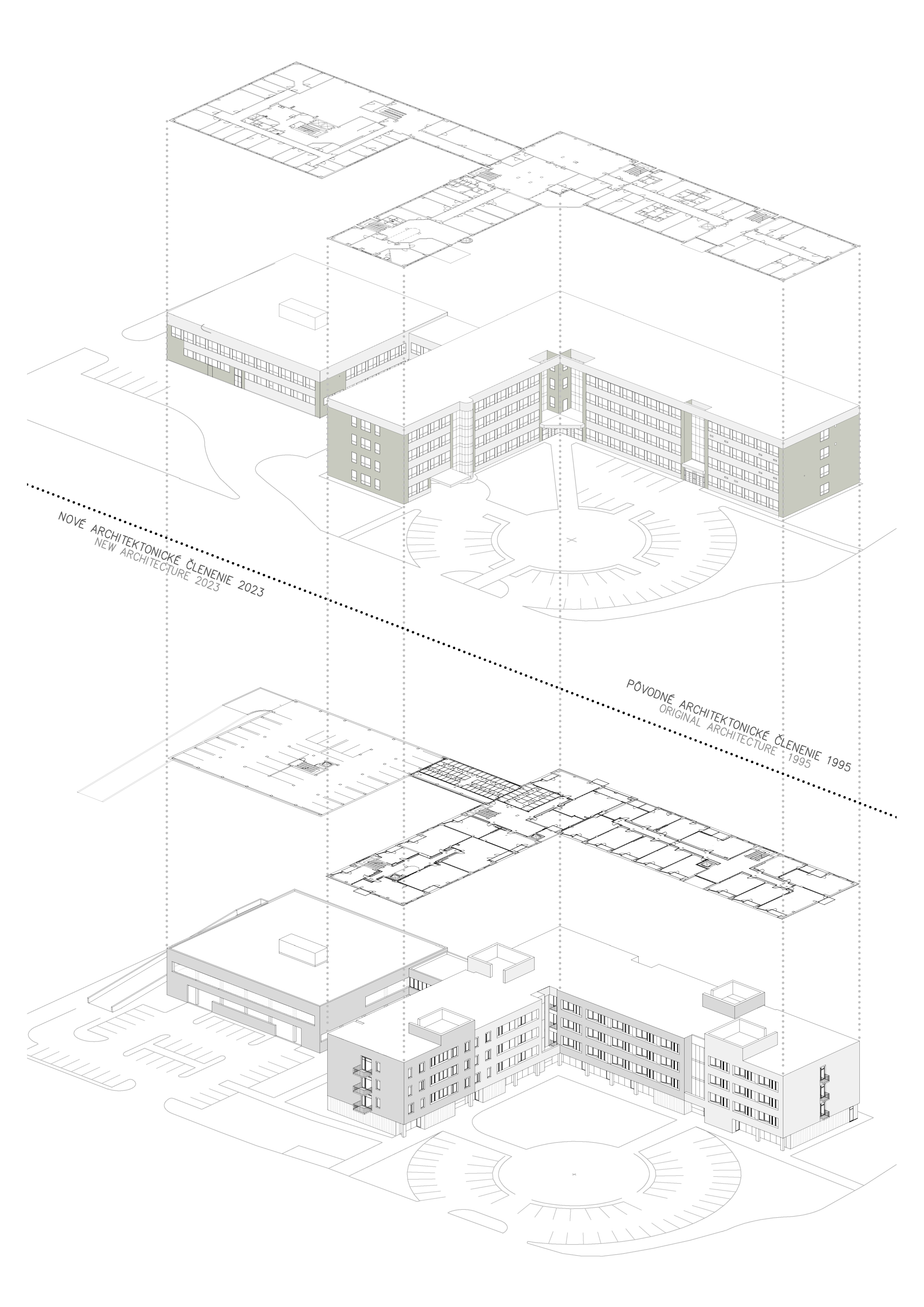 Pôcodné vs. nové architektonické členenie - Axonometria