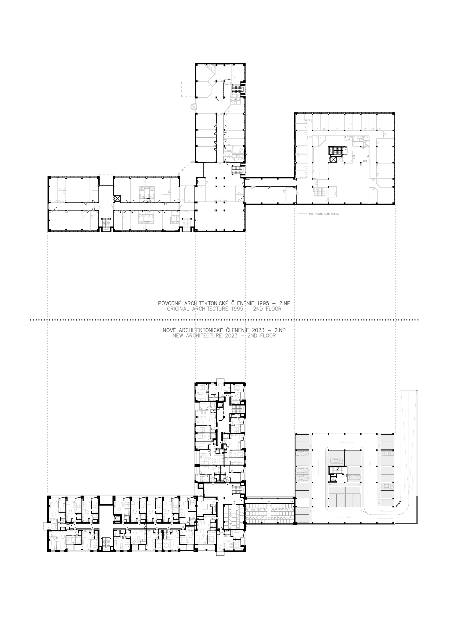 Pôcodné vs. nové architektonické členenie - pôdorys 2. NP