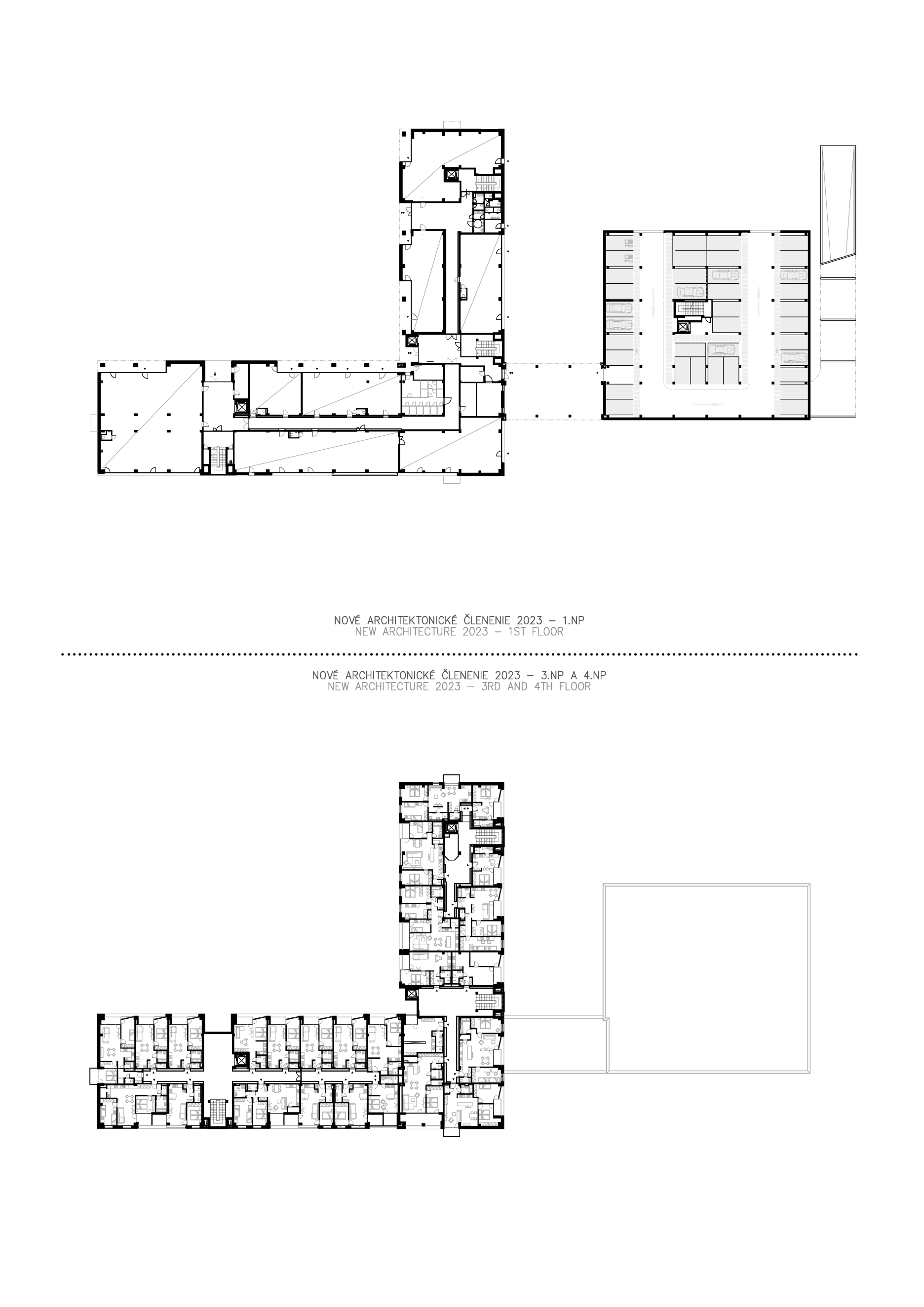 Nové architektonické členenie - pôdorys 1., 3. a 4. NP