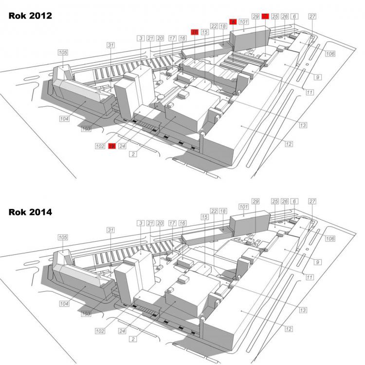 Porovnanie stavu areálu pred búraním v roku 2012 a v roku 2014 - vyznačené asanované objekty. Zdroj: Peter Žalman / ÚP-Z Cvernovka