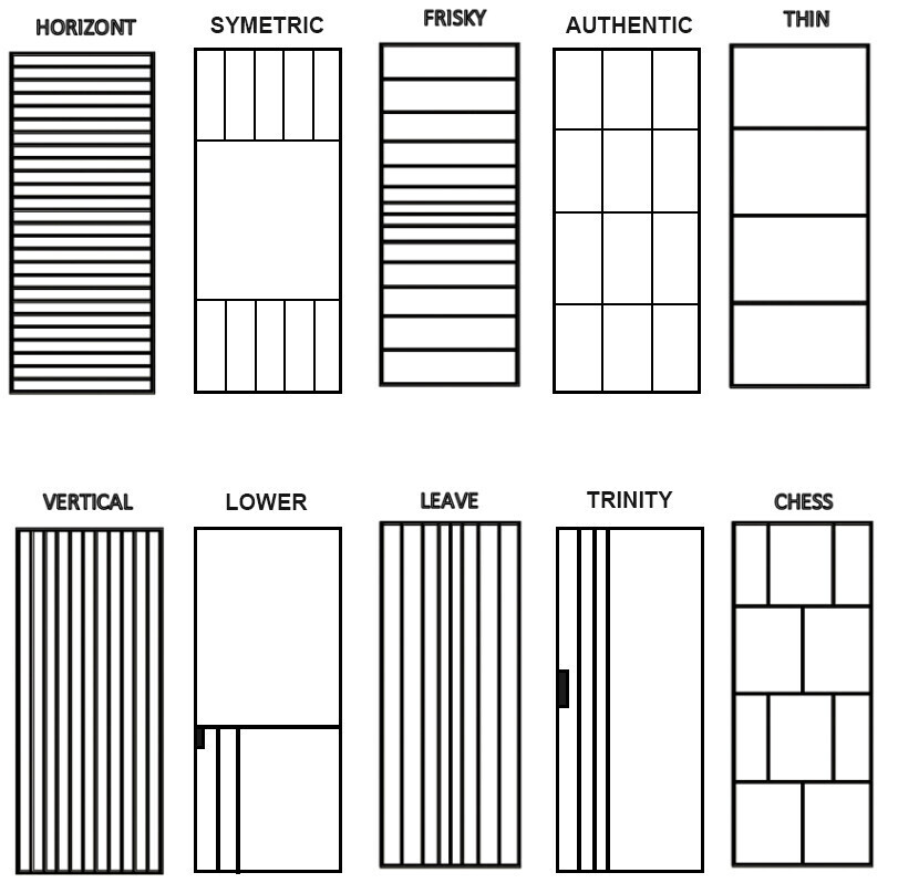 Základné varianty členenia sklenenej plochy dverí IDEALINE hliníkovými profilmi 