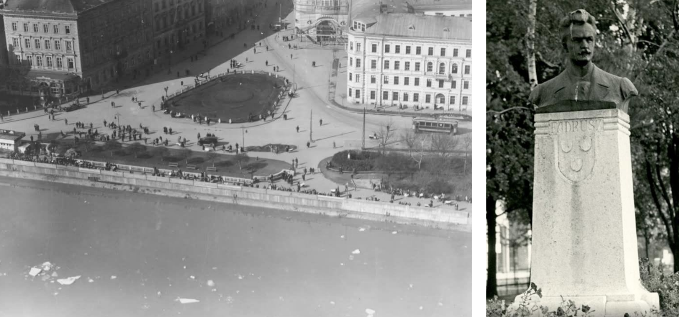 Námestie 28. októbra, na nábreží nebola dopravná tepna, pamätník J. Pflieglera 