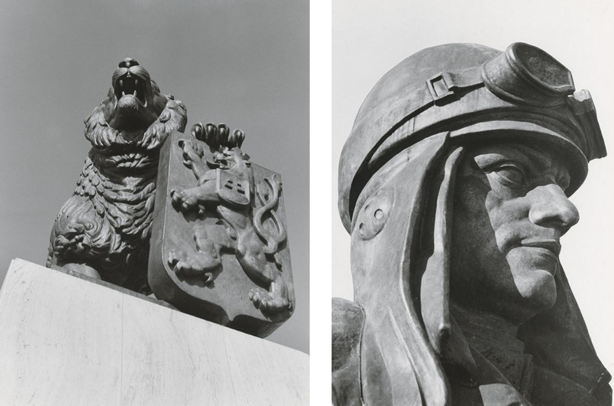 Detaily : pohľad zospodu na leva ktorý ochraňuje štátny znak republiky, hlava M.R. Štefánika