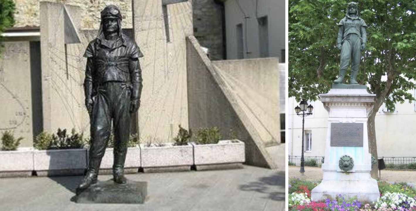 Dva bronzové tretinkové originály (2,4m) Praha hvezdáreň M.R.Štefánika a Poulhan (Fr.) – do r. 1988 socha neznámeho letca