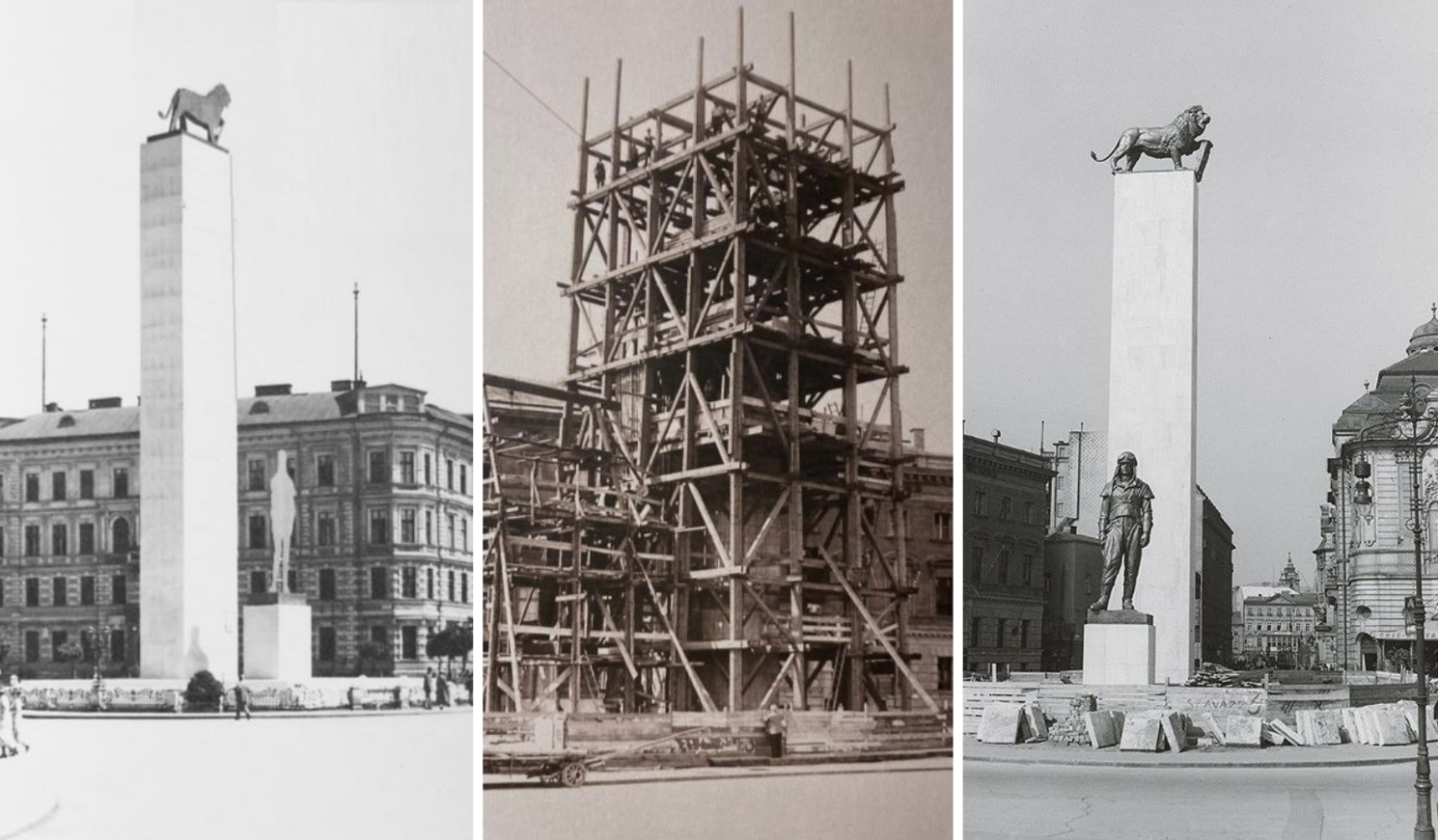 Maketa pamätníka v mierke 1:1, jún 1935, dielo v čase budovania stavebnej časti (1937-38),  pamätník pred odhalením 25.10.1938 