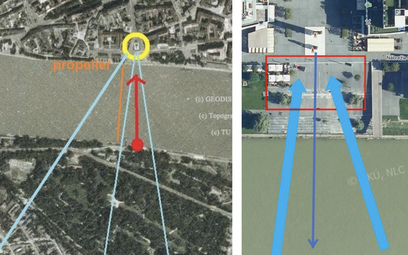 Identické priestorové východiská polohy pri Redute a v Eurovea v osi SND. Generál sa díva do  otvoreného sveta cez rieku a ako symbol demokracie je vnímateľný aj z náprotivného brehu 