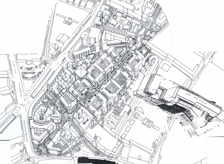 Urbanisticko-architektonická štúdia zóny Obchodnej ulice, Bratislava, 1980 Autorí: F. Kalesný, J. Bahna