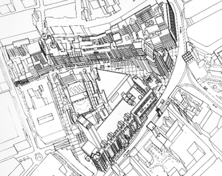 Stanica rýchlodráhy Prior, Bratislava – urbanisticko-architektonická štúdia revitalizácie zóny Kamenného námestia, 1987, Autori: F. Kalesný, B. Somora, Ľ. Mihálik, S. Mečiar