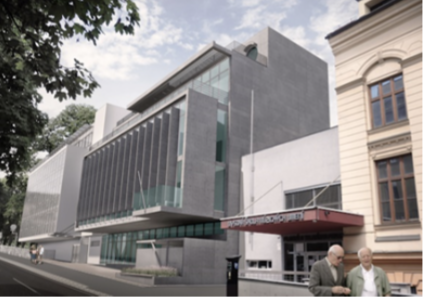 Dostavba komplexu Vysokej školy múzických umení, Svoradova ulica Bratislava, architektonická štúdia – súťaž, 2021. Autori: F. Kalesný, Y. Meziani, J. Klemon.