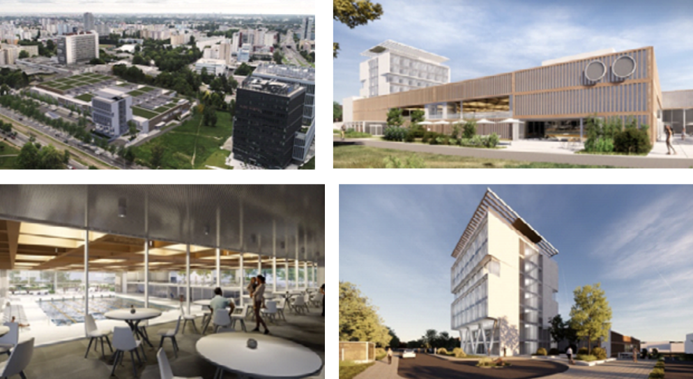 Nová plaváreň, rekonštrukcia hokejového štadióna a dostavba nekomerčných ubytovacích kapacít športovcov , Ružinov, Bratislava, architektonická štúdia – súťaž 2022, 1. cena, Autori: F. Kalesný, Y. Meziani, J. Klemon, N. Janovičová, I. Muzafarov.