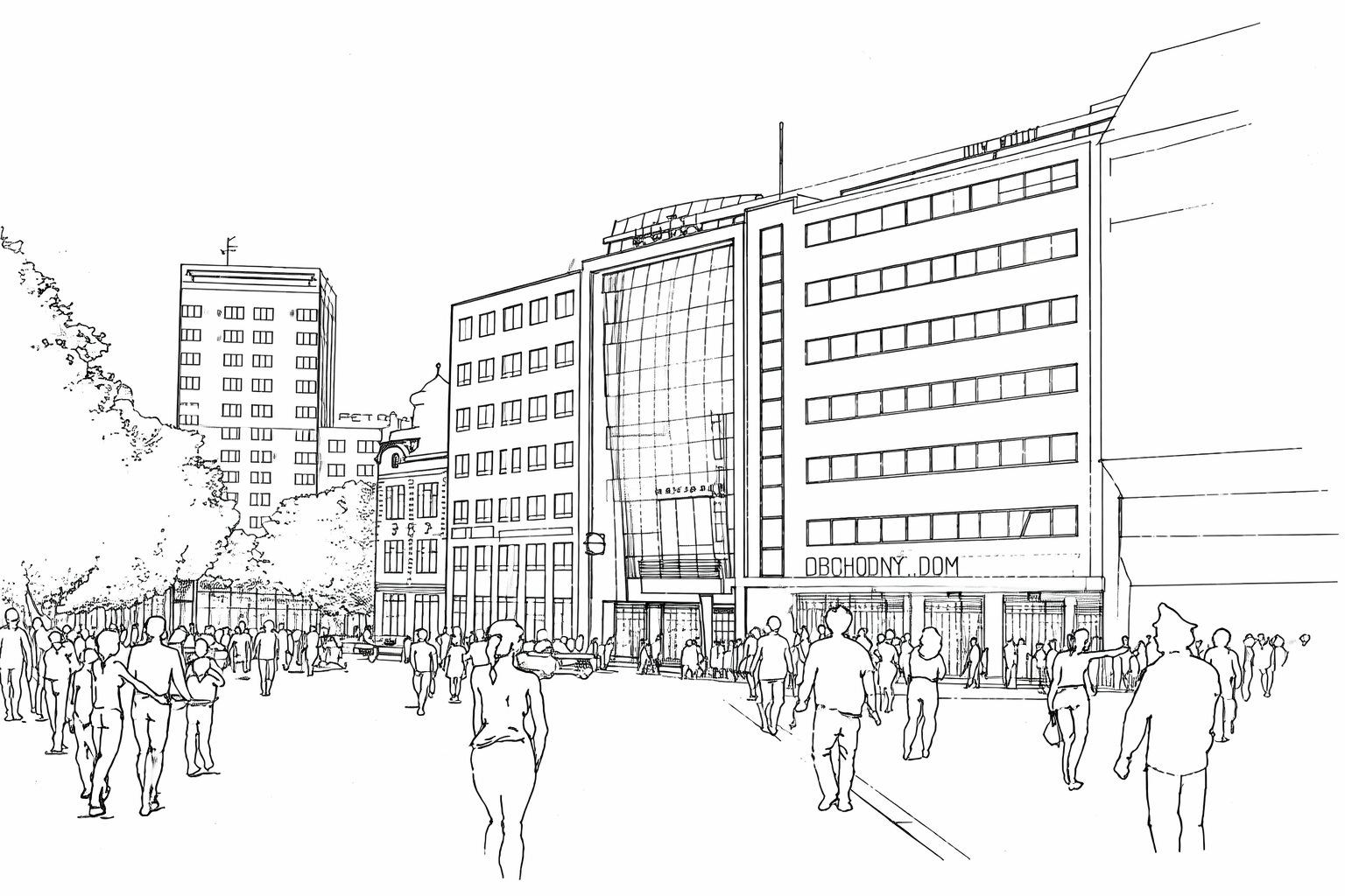 "Bratislavské preluky", hotel - obchodný dom, Nám. SNP Bratislava 1989, Študijná úloha ZSA, Autori: F. Kalesný, M. Žitňanský