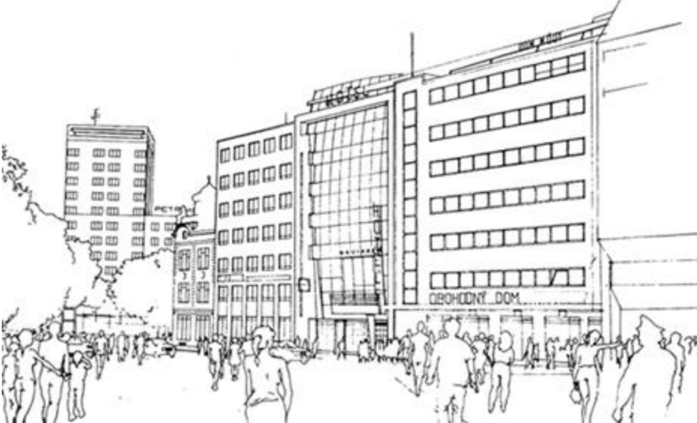 "Bratislavské preluky", hotel - obchodný dom, Nám. SNP Bratislava 1989, Študijná úloha ZSA, Autori: F. Kalesný, M. Žitňanský