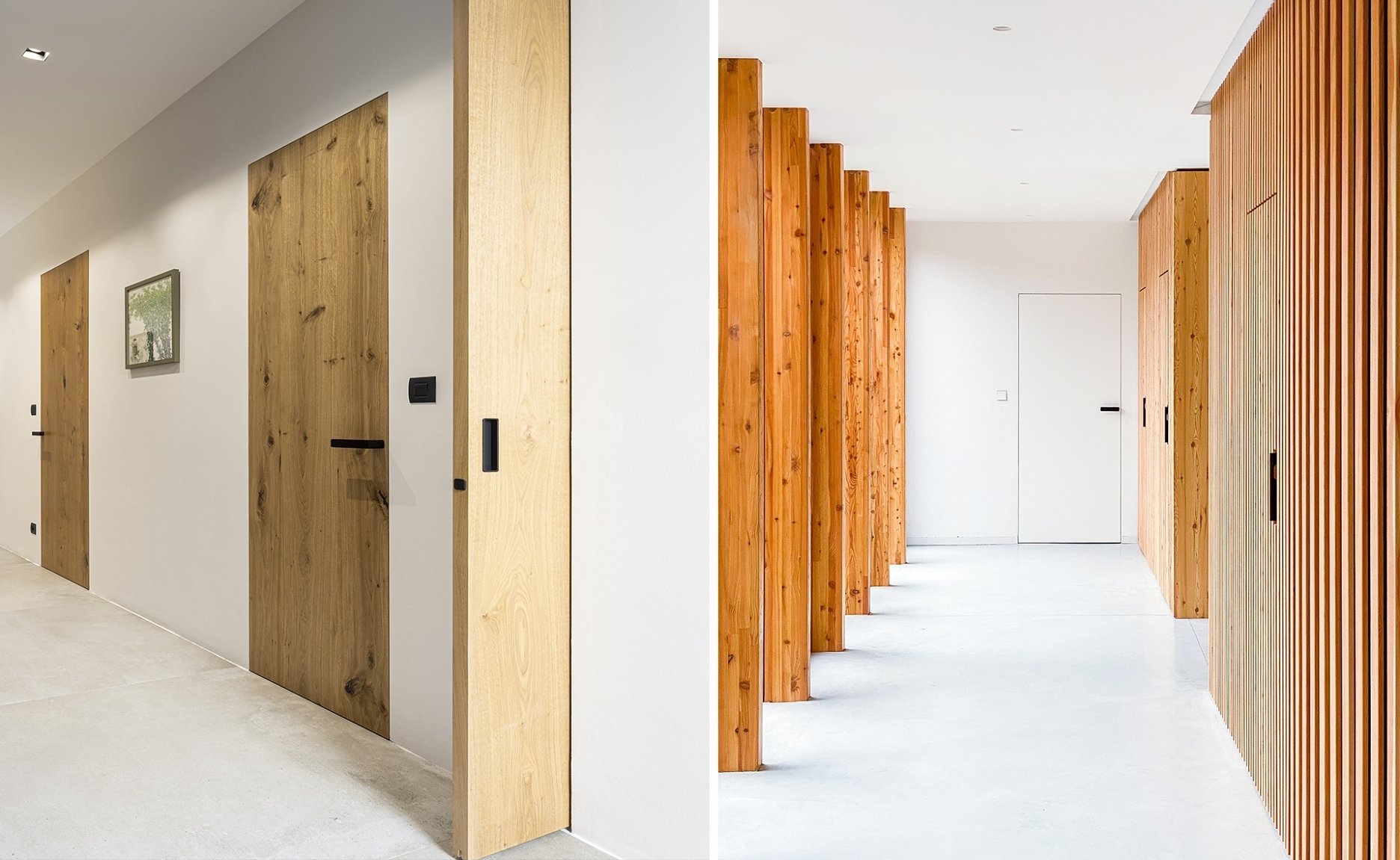  Zárubne sú úplne skryté – viditeľná je len tenká škára, či už pri bielo lakovaných dverách v stene, alebo napríklad pri dverách s drevenými dekormi.