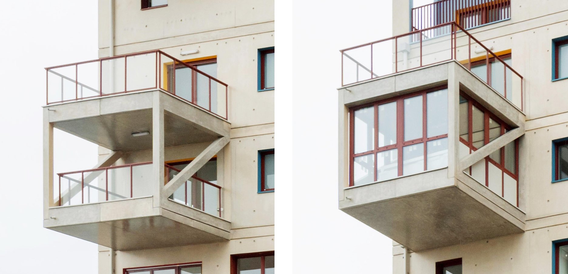 Uzatvárateľný balkón „Plug“ pred zatvorením a po ňom (projekt START-Ivry) 