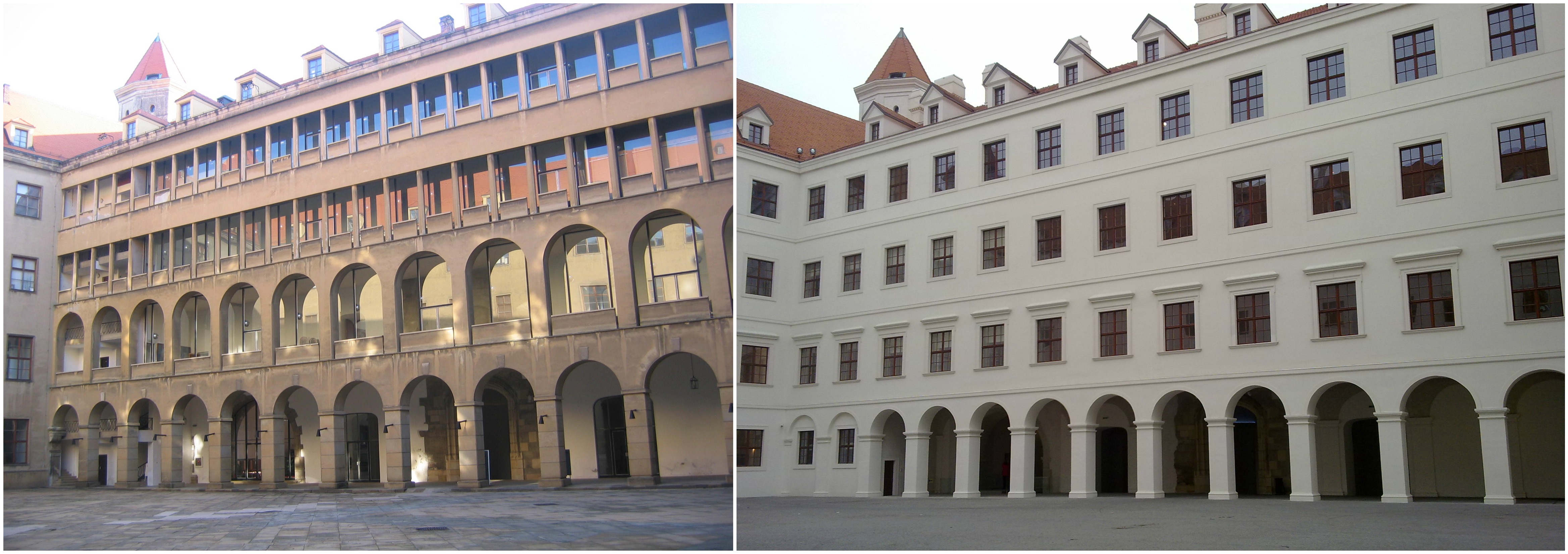 ádvorie Bratislavského hradu obnovené pôvodne s arkádami a ako vyzerá dnes, keď arkády nahradili oknami, aké tam boli pôvodne. 