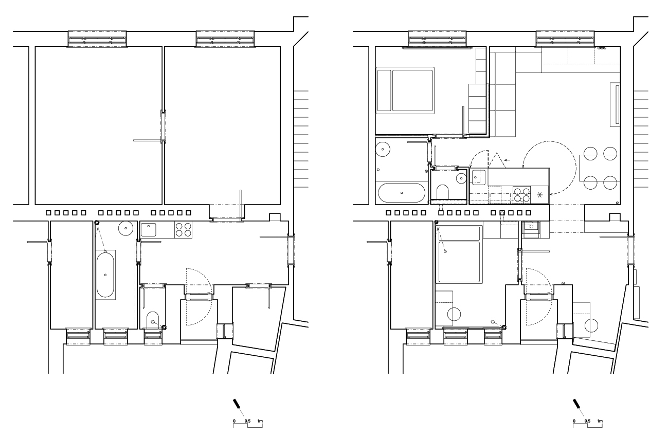 Pôdorysy: pôvodný stav (vľavo), nový stav (vpravo)