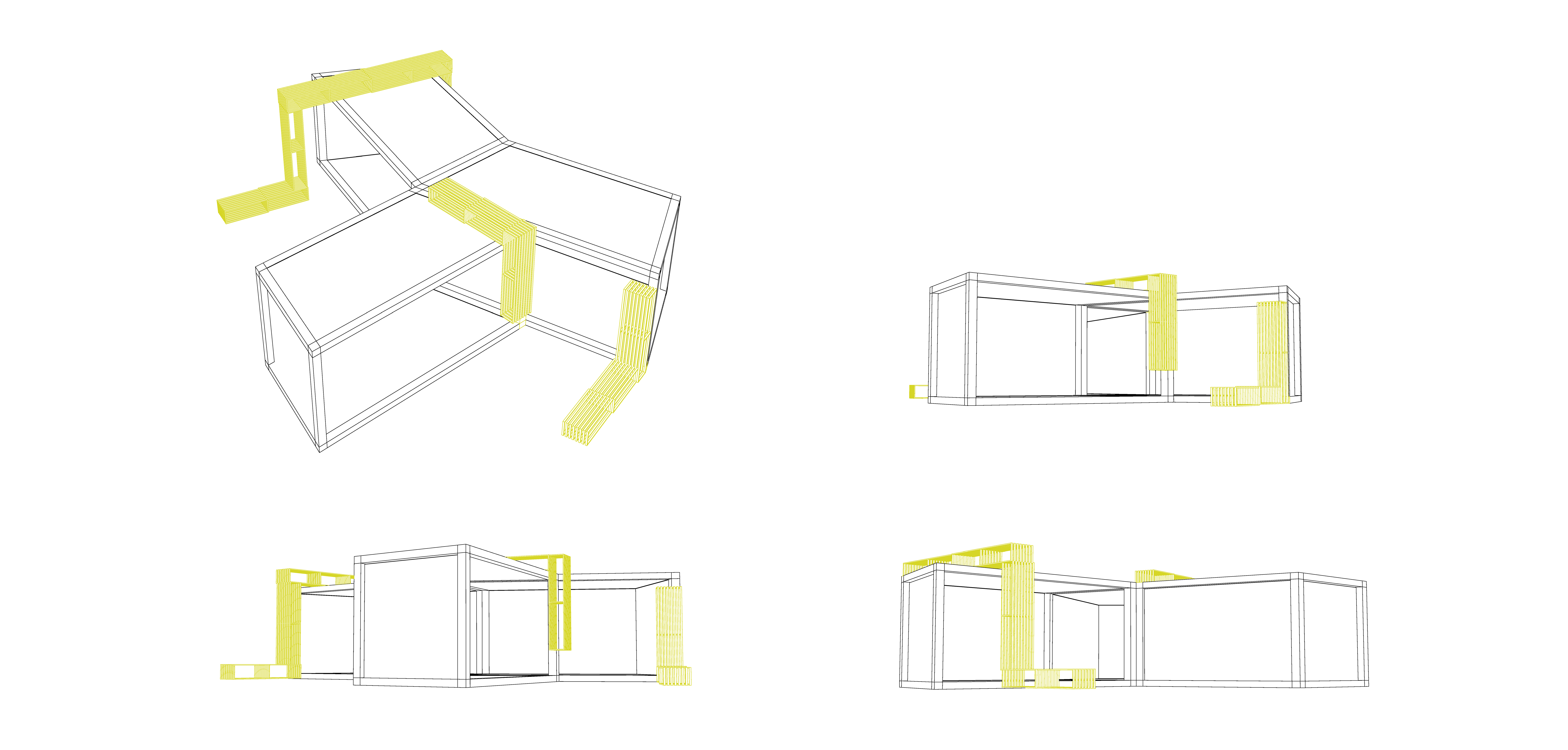 Perspektíva - stavba sa skladá s troch čiernych modulov, doplnených o drevené prvky nábytku a mobiliáru