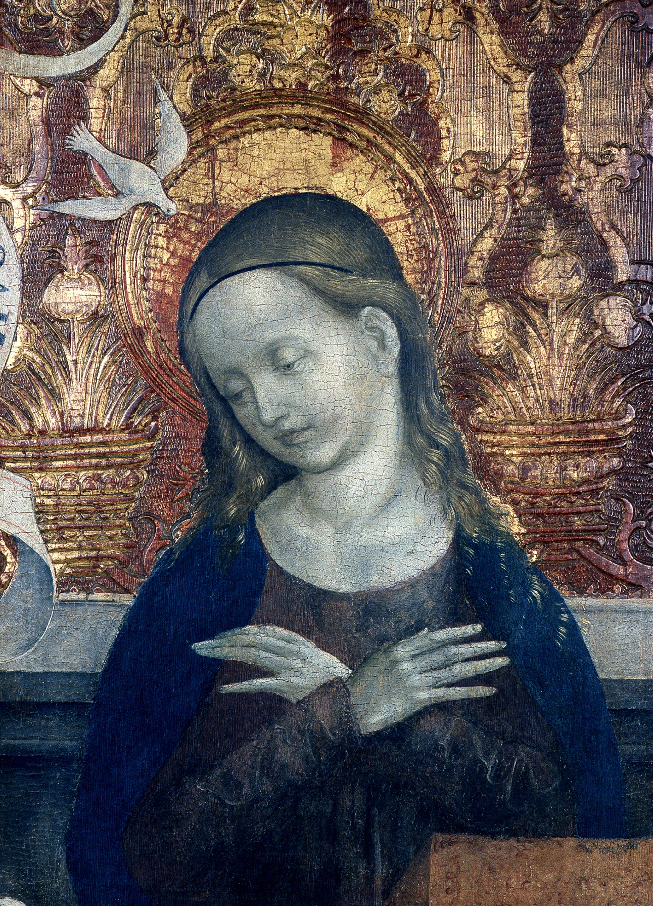 Majster z Okoličného: Mária zo skupiny Zvestovania. Okolo 1510. Liptovský Mikuláš – Okoličné, kláštorný Kostol sv. Petra z Alkantary.