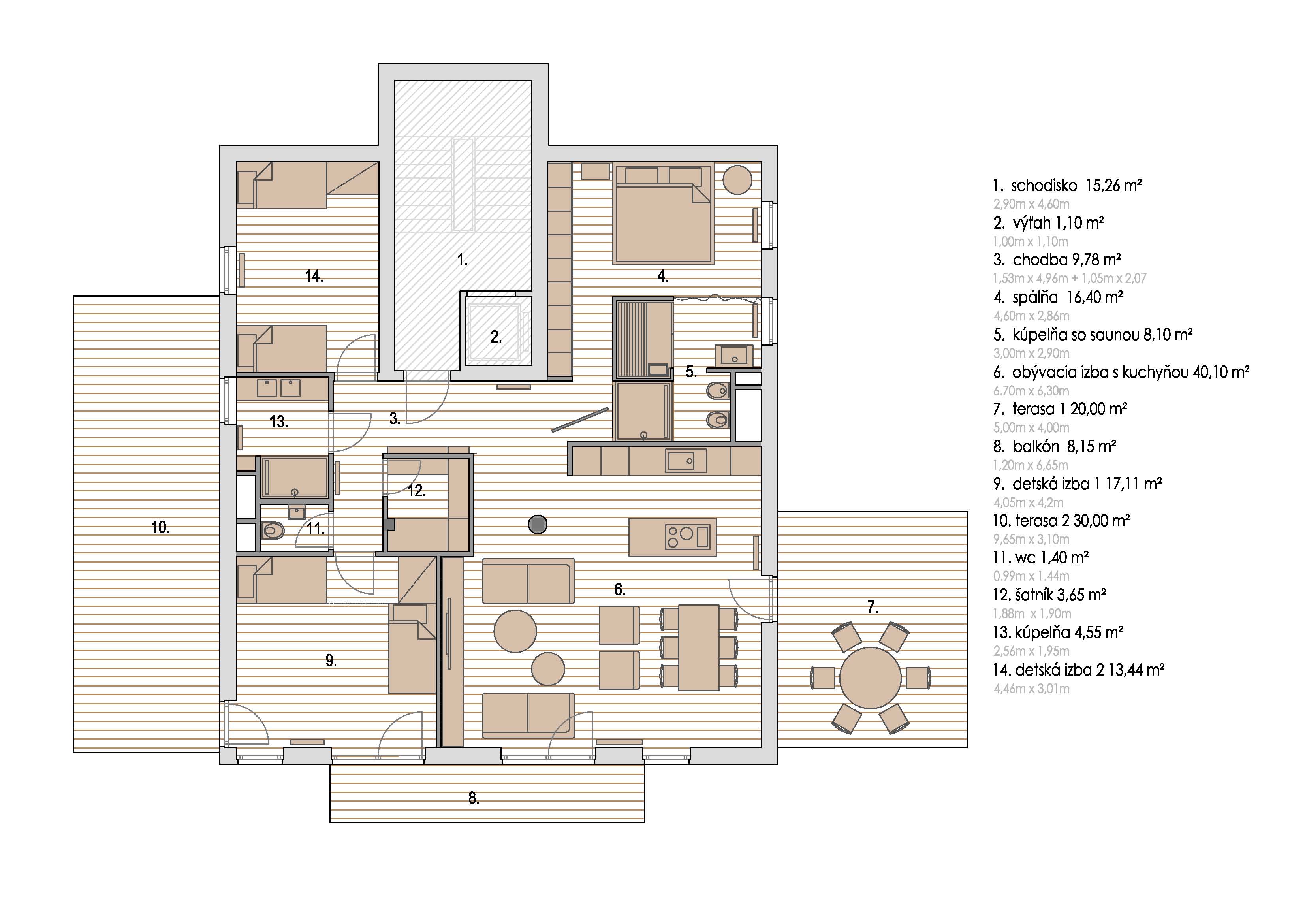 Pôdorys - nový stav: vstupná hala, tri spálne, dve kúpeľne, jedna samostatná toaleta, kuchyňa, jedáleň, obývacia izba.