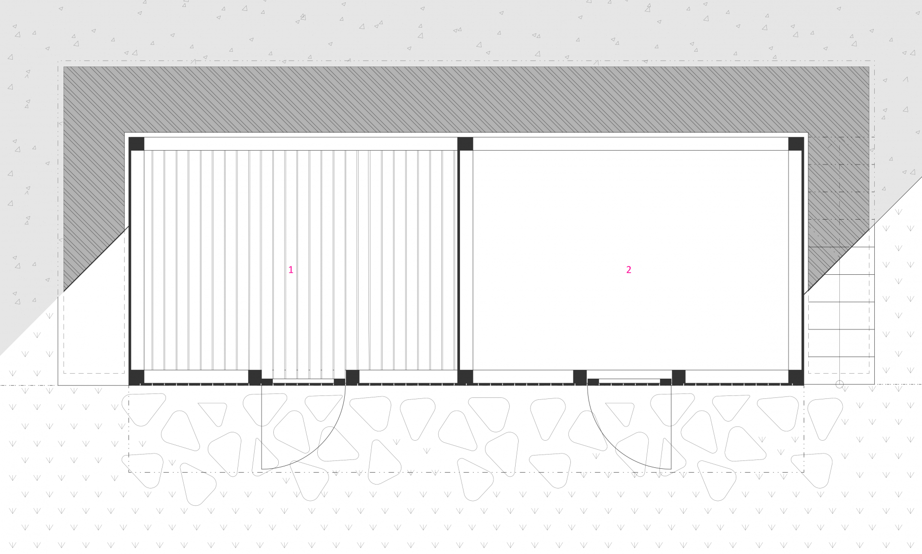 Pôdorys: 1- čistý sklad 2- špinavý sklad