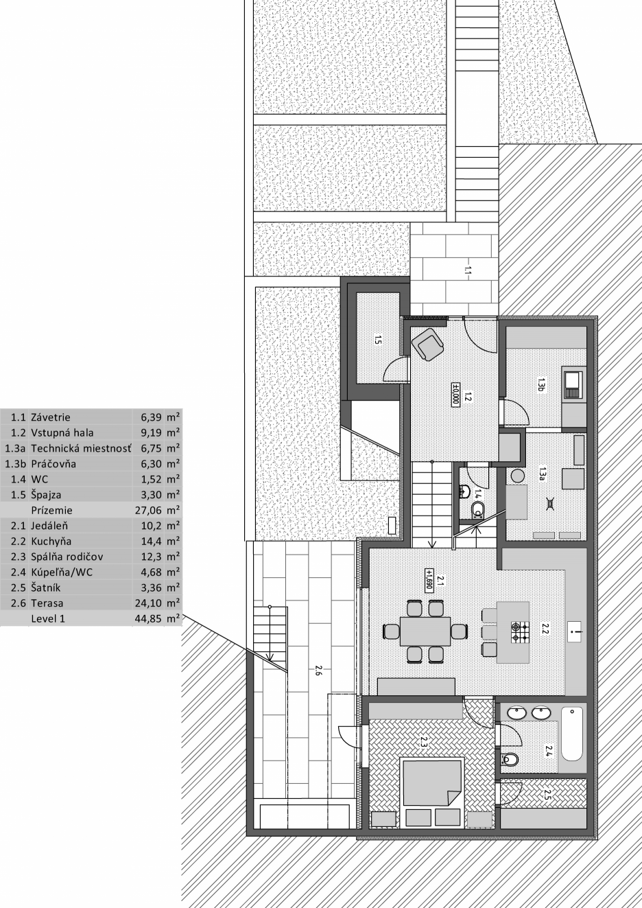 Pôdorys prízemia a úrovne 1